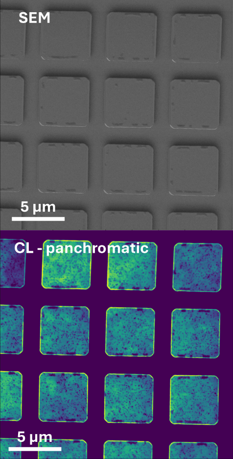 SEM image (top) and corresponding panchromatic CL image (bottom) from an array of microLEDs.