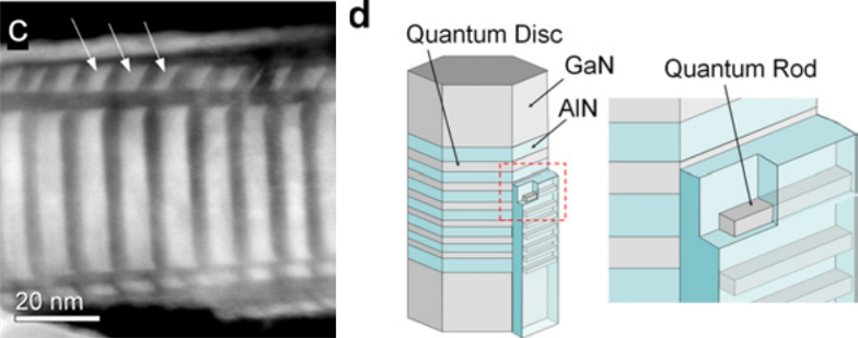 HAADF STEM (c) and schematic representation (d) showing a QRod that has grown into the sidewall of a NW. Partial figure reproduced from [1] with permission from M. Kociak.